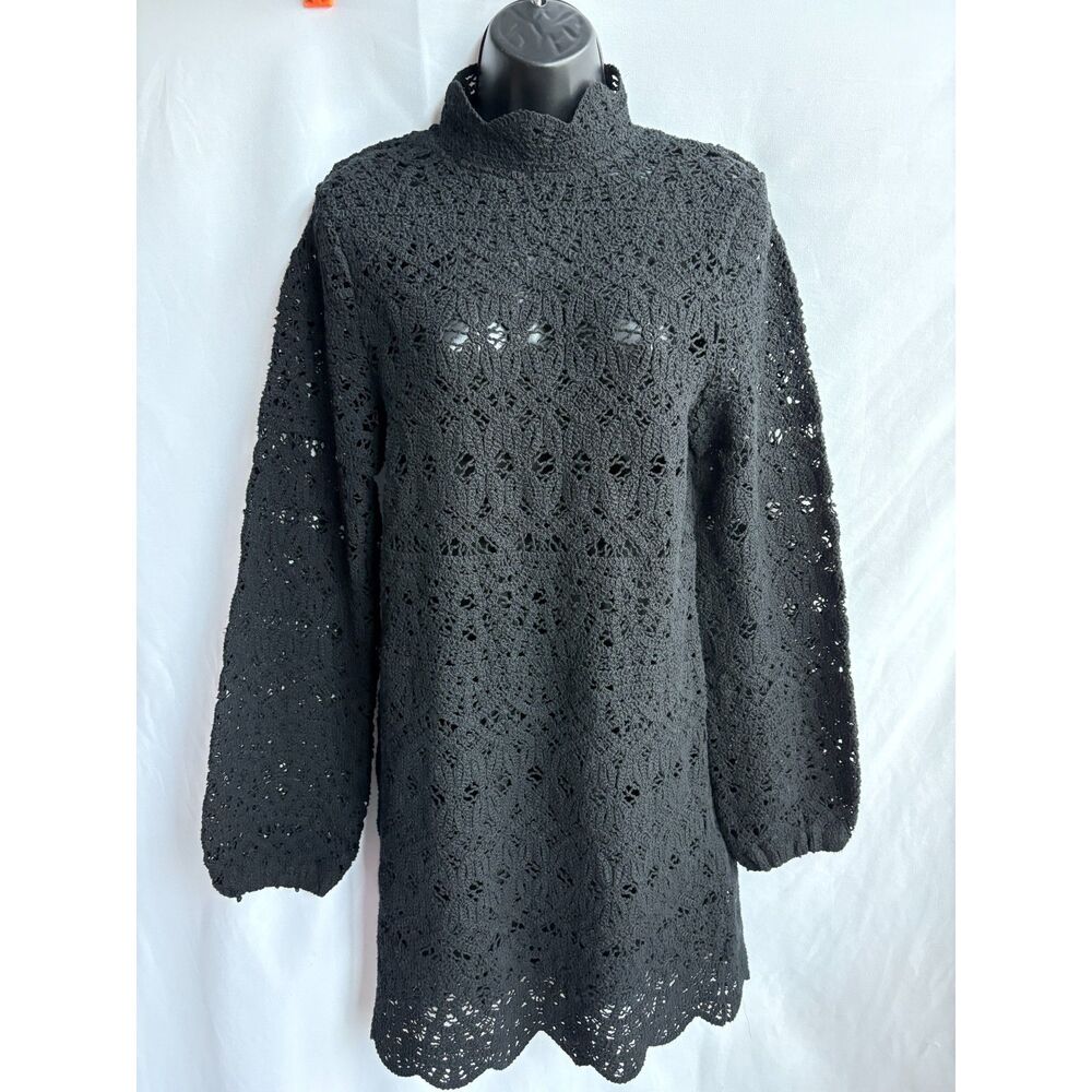 Birch NY NWT Black Knit Layered Dress L Essential Sweater Eyelet M Mock Neck